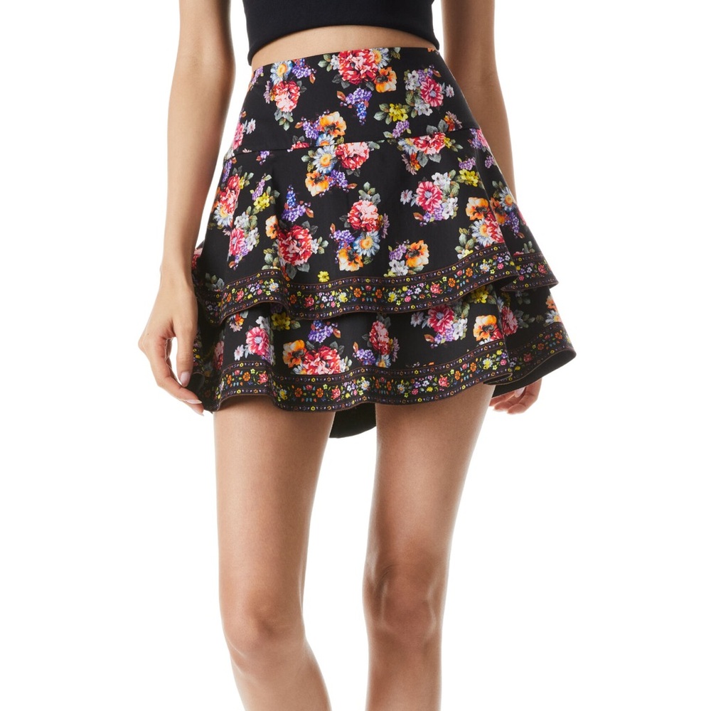 Alice + Olivia Marvis Tiered Ruffle Mini Skirt Black Floral